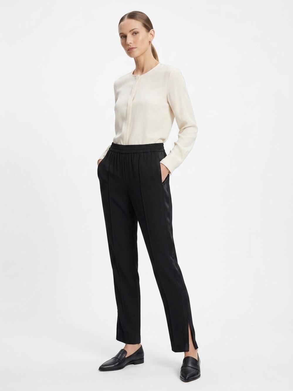 Theory Women's Black Viewpine C Berger Silk Ankle Zip Straight Look Pants Size 8